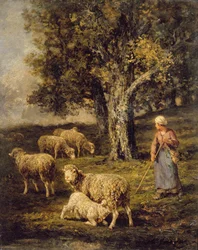 En hyrdinde og får i et Barbizon-landskab